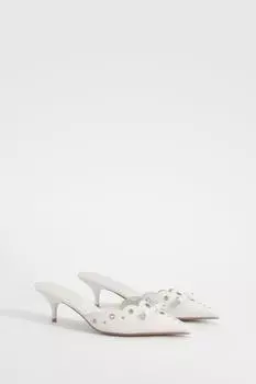 Мюли на каблуке с низкой шпилькой и люверсами с бантом boohoo, белый