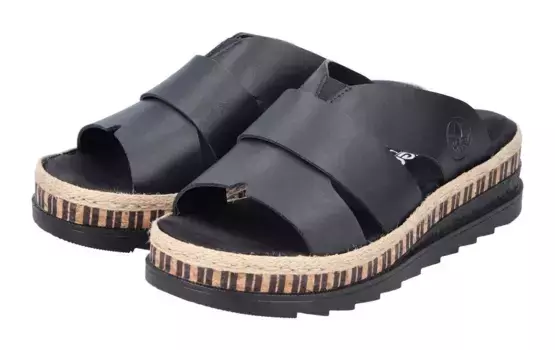 Мюли Rieker, каблук-танкетка, летняя обувь, тапочки на каркасе из рафии, черный