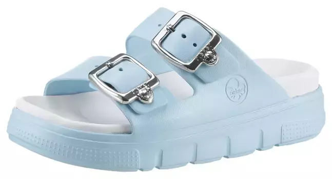 Мюли Rieker, платформа, летние туфли, тапочки с двумя регулируемыми пряжками, голубой