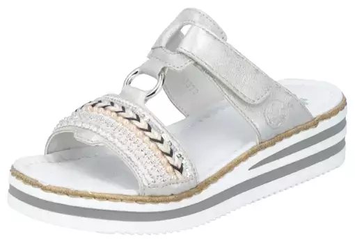 Мюли Rieker, платформа, летняя обувь, тапочки с декоративными бусинами и пайетками, серебристый
