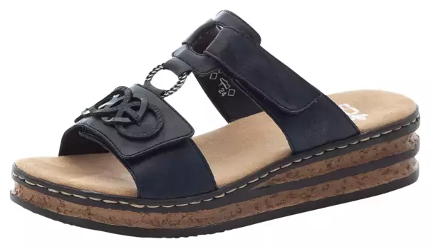 Мюли Rieker, платформа, летняя обувь, тапочки с декоративными элементами, синий