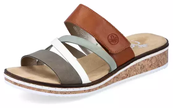 Мюли Rieker, танкетка, летняя обувь, тапочки на липучках, цвет Cognac-Mint-Offwhite-Olivgrn