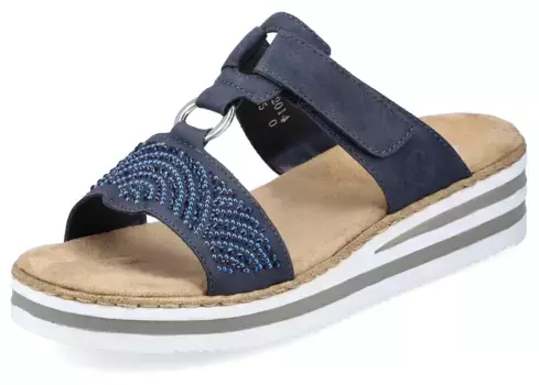 Мюли Rieker, танкетка, летняя обувь, тапочки с красивыми драгоценными камнями, синий