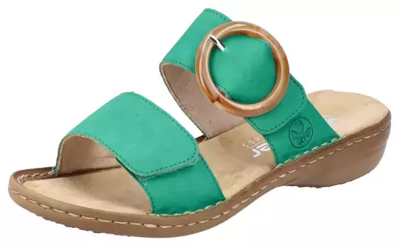 Мюли Rieker, танкетка, летняя обувь, тапочки с большой декоративной пряжкой, изумрудный
