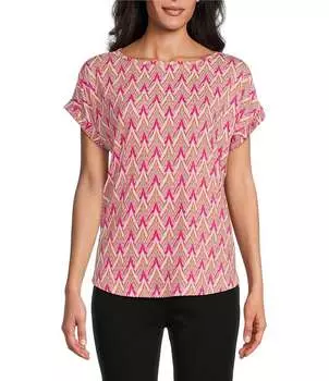 Multiples Slub Knit Ikat Кепка с круглым вырезом и мульти-принтом Рукав «летучая мышь» Облегающий топ с высоким низким краем, розовый