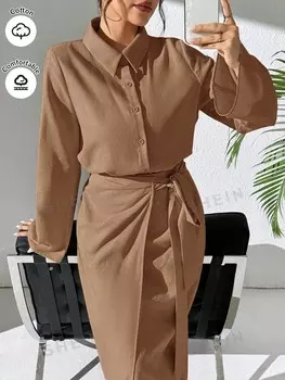 Mulvari 2 Комплекта однотонных рубашек с длинными рукавами и юбки для женщин Shein, хаки