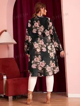 Mulvari Блузка больших размеров, высокий воротник, цветочный принт. Короткая передняя часть, длинная задняя часть Shein, мультиколор