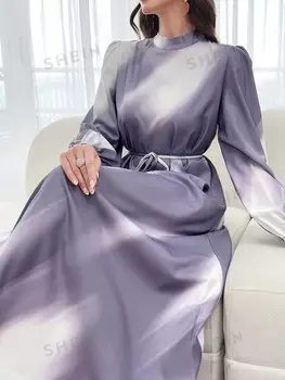 Mulvari Элегантное платье с арабским принтом, длинными рукавами и воротником-стойкой Цветочный принт по всей поверхности и на поясе Shein, фиолетовый