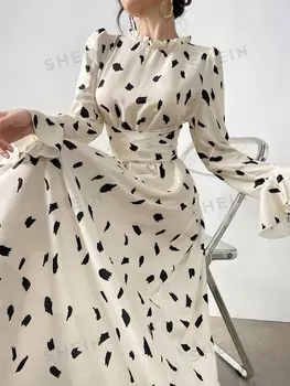 Mulvari Элегантное платье в арабском стиле Длинные рукава Набивной узор по всей поверхности Shein, абрикосовый