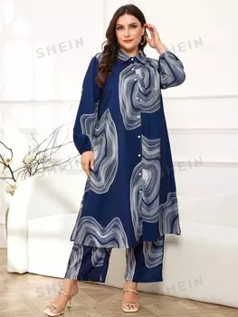 Mulvari Комплект из топа и брюк с длинными рукавами и брюками больших размеров с цветочным принтом и одним рядом пуговиц Shein, темно-синий