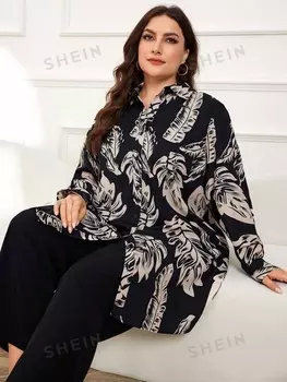 Mulvari — Модный комплект из двух предметов для женщин больших размеров, состоящий из рубашки с длинными рукавами и принтом Shein, черный