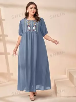 Mulvari Платье больших размеров, цветочная вышивка, халат Shein, пастельно-синий