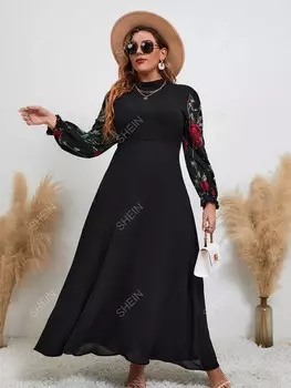 Mulvari Платье больших размеров, цветочный принт, высокий вырез Shein, черный