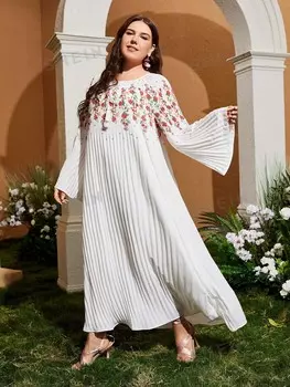 Mulvari Платье больших размеров, цветочный узор, рукава с рюшами, рукава со складками Shein, белый