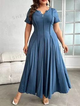 Mulvari Платья с короткими рукавами и складками на шее, Длинные платья для пляжа, вечеринок, лета, повседневной одежды, выхода в свет и свиданий Shein, пастельно-синий