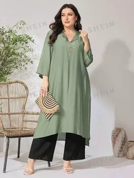 Mulvari Plus Size Однотонный простой комплект из топа и брюк из 2 предметов Shein, зеленый