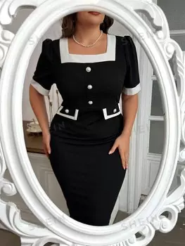 Mulvari Приталенное платье с квадратным вырезом и вышитой отделкой Пышные рукава спереди и сзади, мекси-платье для важных фестивалей/свадеб/вечеринок/работы/повседневной носки Shein, черно-белый