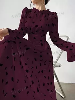 Mulvari, Роскошное арабское платье, пояс с принтом по всей поверхности, рукава-колокольчики, круглая горловина Shein, пурпурно-красный