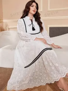 Mulvari, V-образный вырез, бант, Длинный рукав, платье в полоску для женщин больших размеров, элегантное и очаровательное, элегантное платье А-силуэта Shein, белый