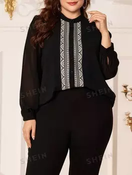Mulvari Женская блузка больших размеров, геометрический узор, лоскутный узор, жаккард, сетка, длинные рукава Shein, черный