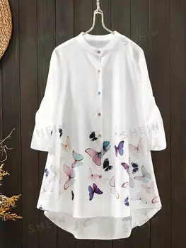 Mulvari Женская модная рубашка больших размеров с длинным рукавом и принтом бабочки Shein, белый