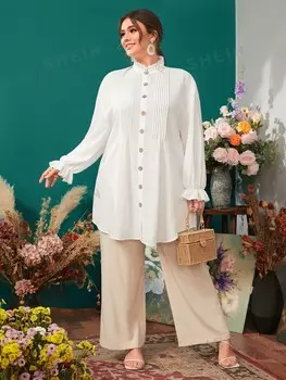 Mulvari Женская рубашка больших размеров с пуговицами спереди и рюшами Shein, белый