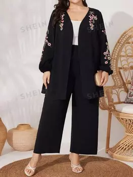 Mulvari Женский комплект больших размеров, с вышивкой, цветочным принтом, рукавами-фонариками Shein, черный