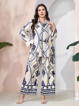 Mulvari Женский модный комплект из двух предметов с длинными рукавами и длинными брюками больших размеров с произвольным принтом Shein, мультиколор