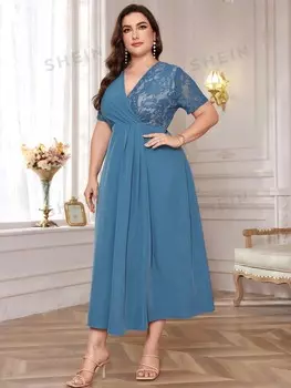 Mulvari Женское элегантное контрастное кружевное Длинное платье больших размеров с короткими рукавами, Летнее платье Shein, синий
