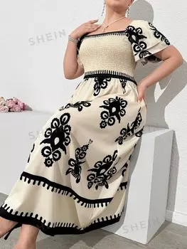 Mulvari Женское элегантное платье больших размеров с квадратным вырезом и короткими рукавами с цветочным принтом. летние каникулы Shein, абрикосовый