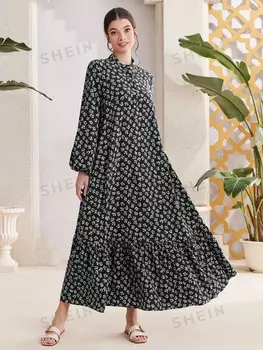 Mulvari Женское повседневное платье с рукавами-фонариками, цветочным низом и рюшами в стиле Ditsy Shein, черно-белый