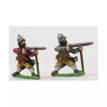 Мушкетеры в касках с подставкой для мушкета, стрельба, Renaissance Miniatures - English Civil War & 30 Years War (15mm) (Essex Miniatures)