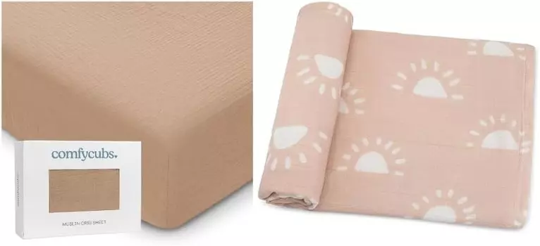 Муслин Подогнанная простыня для кроватки и муслиновое одеяло для пеленания в комплекте от Comfy Cubs