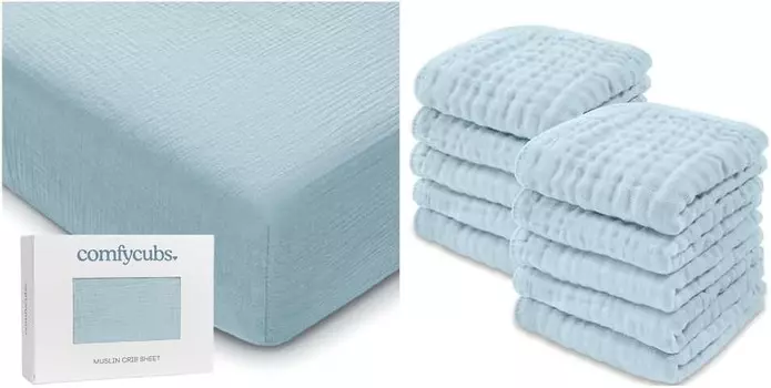 Муслиновая простыня для детской кроватки и детские мочалки в комплекте от Comfy Cubs