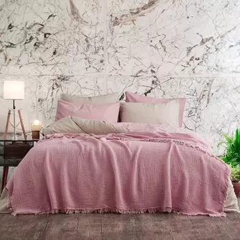 Муслиновое одеяло землисто-розового цвета из натурального хлопка 200х220см с бахромой Sandiik