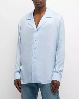 Мужская атласная пижамная рубашка мини с монограммой Balmain, цвет Pale Blue/Multi
