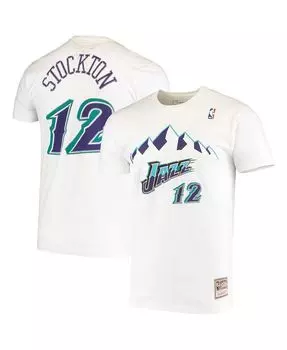 Мужская белая футболка John Stockton Utah Jazz Hardwood Classics с вышивкой имени и номера Mitchell & Ness, белый
