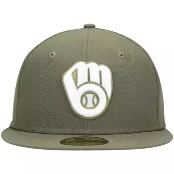 Мужская белая облегающая шляпа New Era Olive Milwaukee Brewers Logo 59FIFTY