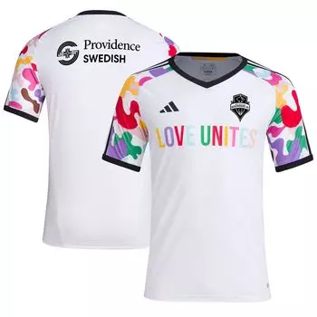 Мужская белая предматчевая футболка Seattle Sounders FC 2023 Pride adidas