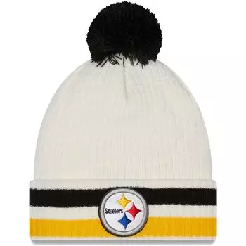 Мужская белая вязаная шапка New Era Pittsburgh Steelers с манжетами и помпоном в стиле ретро