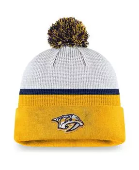 Мужская бело-золотая фирменная вязаная шапка Nashville Predators Authentic Pro Draft с манжетами и помпоном Fanatics