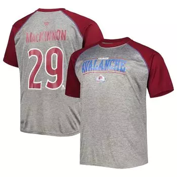 Мужская брендовая футболка Nathan MacKinnon Heather Grey/Burgundy Colorado Avalanche Big & Tall Contrast реглан с именем и номером Fanatics