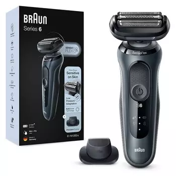 Мужская бритва Braun Series 6 с насадкой EasyClick, электробритвой и прецизионным триммером, SensoFlex, для влажной и сухой уборки, перезаряжаемая и беспроводная, подарок на день отца, 61-N1200s, серый