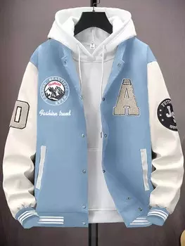 Мужская цельная куртка Sporsity, буквенный узор, цветных блоков, университетский стиль Manfinity, пастельно-синий