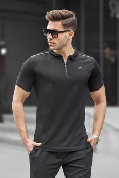 Мужская черная базовая футболка-поло на молнии 6076 MADMEXT