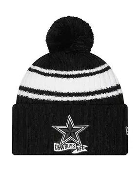 Мужская черная, белая вязаная шапка Dallas Cowboys 2022 с манжетами и помпоном сбоку New Era
