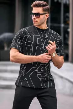 Мужская черная футболка с круглым вырезом с буквенным узором 6061 MADMEXT