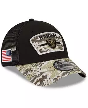 Мужская черная камуфляжная регулируемая кепка Las Vegas Raiders 2021 Salute To Service Trucker 9FORTY Snapback New Era