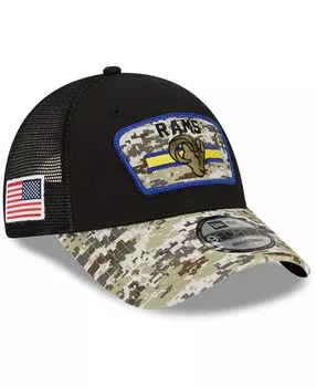 Мужская черная камуфляжная регулируемая кепка Los Angeles Rams 2021 Salute To Service Trucker 9FORTY Snapback New Era