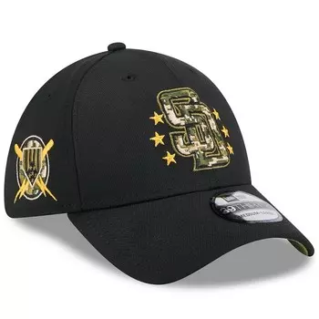 Мужская черная кепка New Era San Diego Padres 2024, ко Дню вооруженных сил 39THIRTY Flex Hat, цвет Pad Black